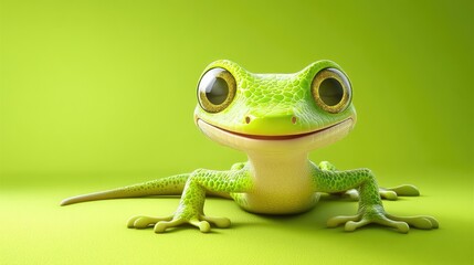 A cheerful cartoon-style green lizard with large eyes on a vibrant green background.