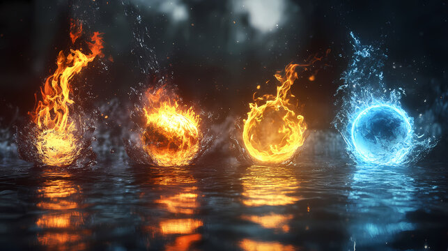 Four elements of nature water fire air earth dynamic composition with dramatic backlighting. Incandescence. Illustration