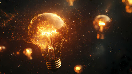Glowing light bulb symbols representing ideas innovation and creative thinking in cosmic space. Incandescence. Illustration