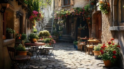 Fototapeta premium Sunlit cobblestone alley with flower-filled pots, cafe tables, and stone buildings.