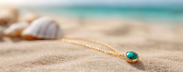 Fototapeta premium Gold necklace with turquoise gemstone lying on a sandy beach with seashells around, creating a summery and vibrant vacation mood