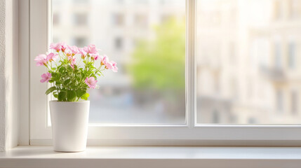 Pink flowers in a white vase sit on a window sill, overlooking a blurred cityscape view, bringing a touch of nature indoors © Bonsales