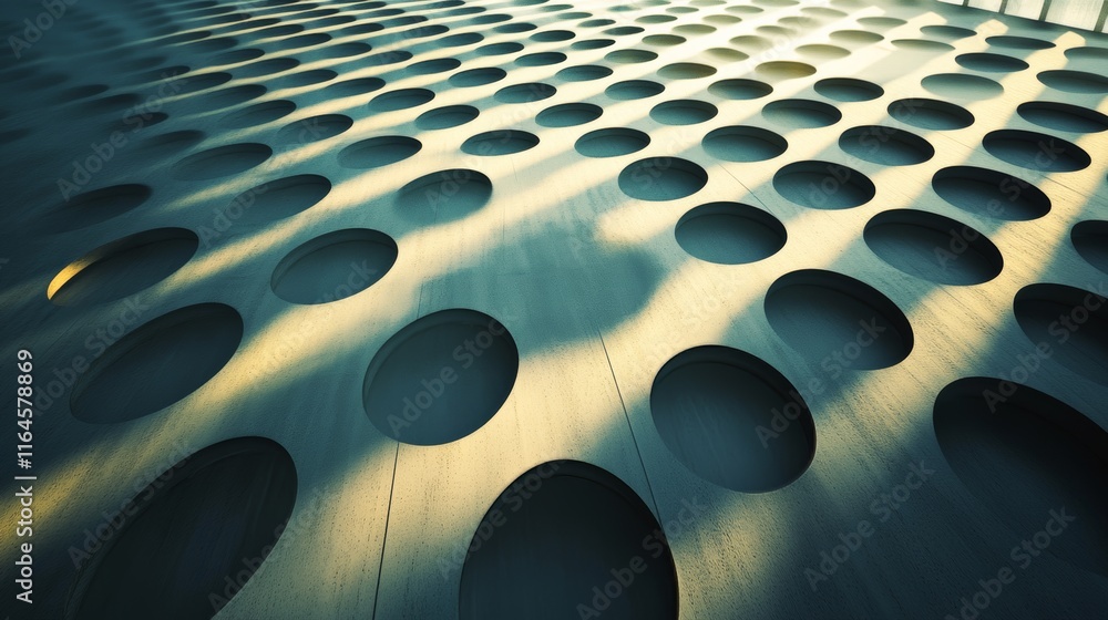 Poster abstract view of a modern building facade featuring circular patterns and dynamic sunlight shadows, 