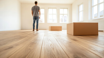 Landlord organizing cardboard boxes on wooden flooring, preparing vacant apartment for incoming tenants and future furnishing