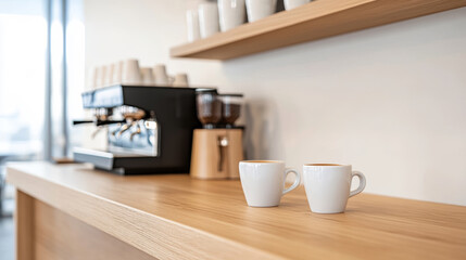 Two cups of coffee standing on a barista's counter with a coffee machine in the background, ready to be served in a modern cafe