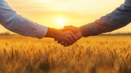 Businessperson and farmer handshaking across golden wheat field during sunset, marking collaborative agricultural success