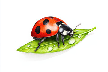 Obraz premium Vibrant ladybug resting on green leaf with water droplets, showcasing nature beauty