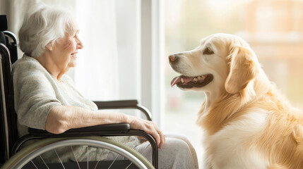 Golden retriever dog providing companionship to a senior woman in a wheelchair, enjoying a peaceful moment together by a sunlit window