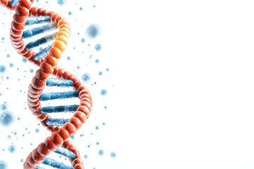 DNA double helix structure with colorful strands and blue molecules, symbolizing genetics and biology