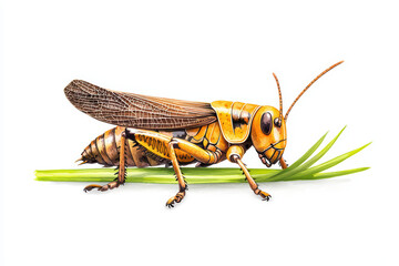 Fototapeta premium Watercolor illustration of colorful grasshopper on green grass, showcasing its intricate features and vibrant colors