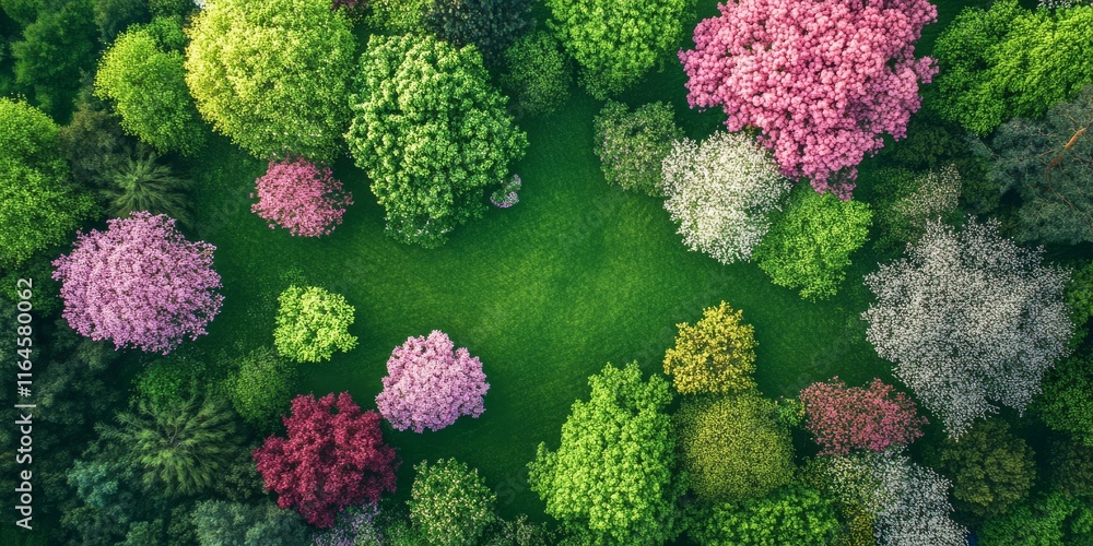 Poster a large green field with many trees and flowers. the trees are of different colors and sizes. the fl