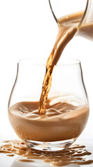 Close up of pouring Irish cream liqueur cocktail into a glass, isolated on white background