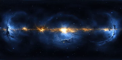 Fototapeten An equirectangular projection of a 360-degree space nebula panorama, used as an environment map. This HDRI spherical panorama showcases a space background filled with nebulae and stars © Alexej