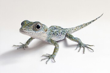 Fototapeta premium A lizard is laying on a white background. The lizard is green and brown. The lizard is looking at the camera