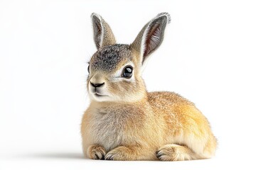 Fototapeta premium Cute baby hare with fluffy fur and big eyes, sitting on a white background, showcasing its adorable features.