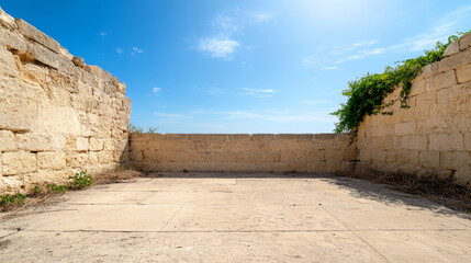 Fototapeta premium Stone stage nestled within ancient ruin, crumbling walls embracing weathered platform, overgrown vines casting shadows under brilliant sunlight and azure sky