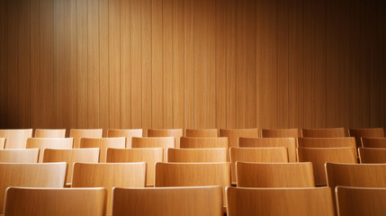 Wide-angle view of an empty jury box featuring neatly arranged wooden chairs, softly lit in a minimalist courtroom environment