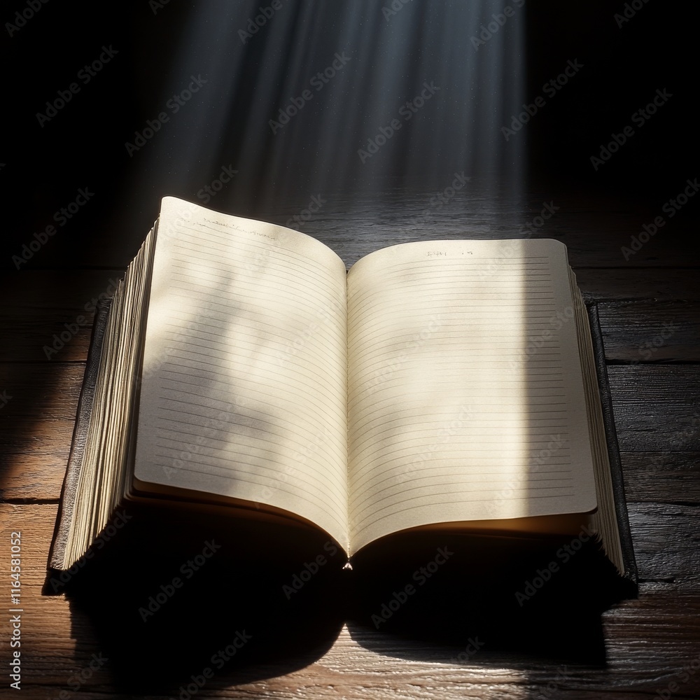 Poster a book is open to a page with a sun shining on it. the sunlight is casting a shadow on the page, cre