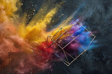 Dynamic eruption of colorful powder  vibrant clouds from a geometric metal cube on black background
