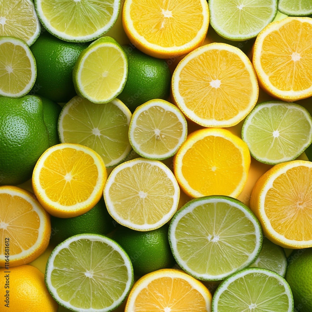 Poster a close up of a bunch of oranges and limes. the oranges are in the middle and the limes are on the l