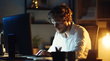 Focused professional working late at a computer in a dimly lit office