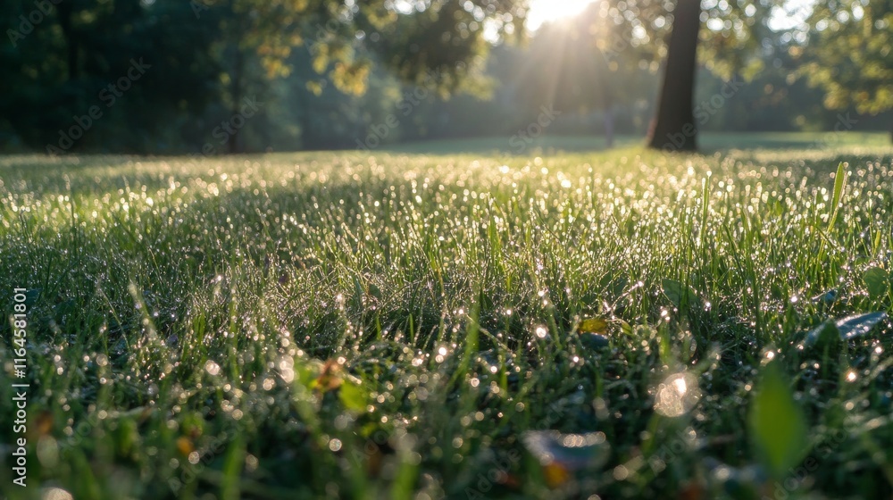 Poster a lush green field with dew on the grass, creating a serene and peaceful atmosphere. a tree can be s