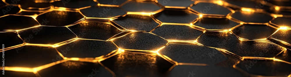 Poster an opulent hexagonal abstract black metal background with golden light lines. a dark 3d geometric te