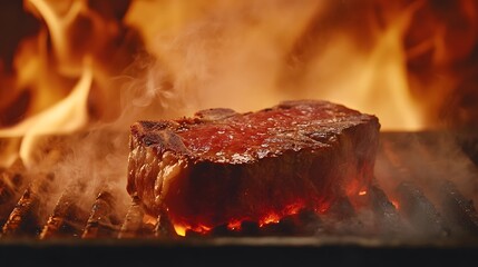 Delicious Steak Grilling Over Flaming Coals