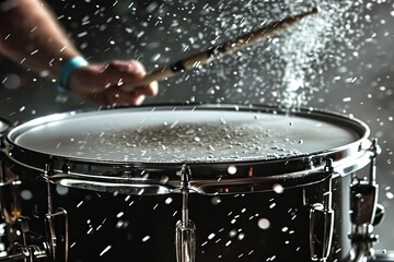 Obraz premium Dynamic close up of a black snare drum with drumsticks and dust burst against dark background