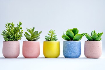 A collection of five potted plants, each with a different color, are arranged in a row