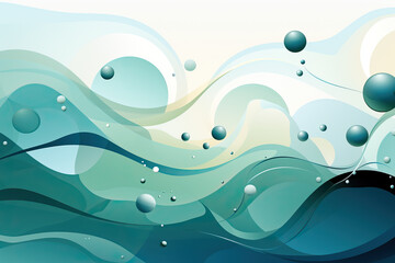 An abstract background of flowing teal and aqua waves, interspersed with floating spheres of varying sizes. The design creates a sense of fluidity and depth.