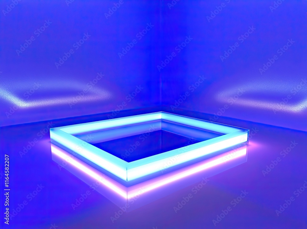 Poster a virtual reality scene with neon lights creating a tunnel of glowing lines, framed by a square port