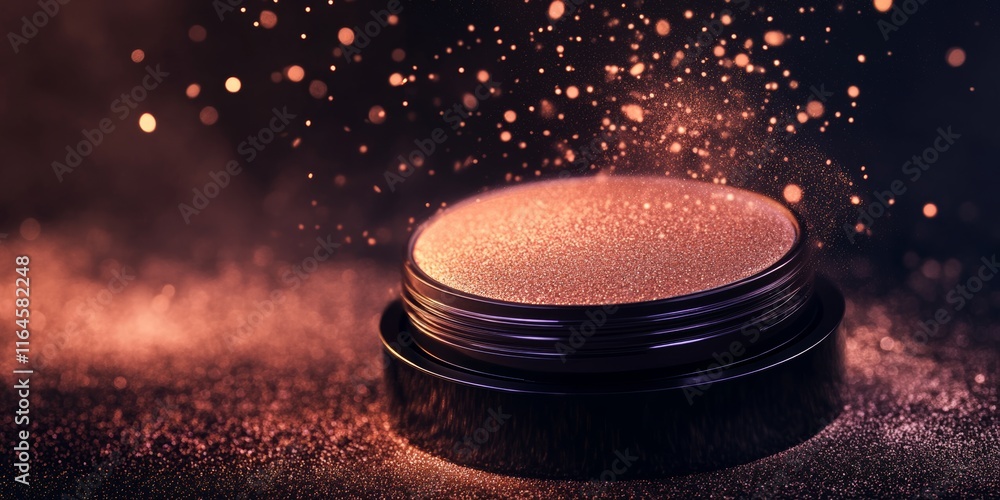 Poster a small container of powder is sitting on a table with a lot of glitter. the glitter is scattered al