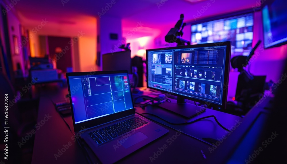 Poster high-tech security command center with multiple monitors displaying surveillance footage