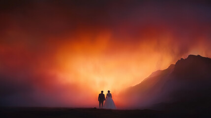 Couple walks hand in hand, silhouetted against a colorful sunset backdrop in nature