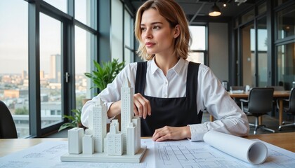 Architect examining city model in modern office