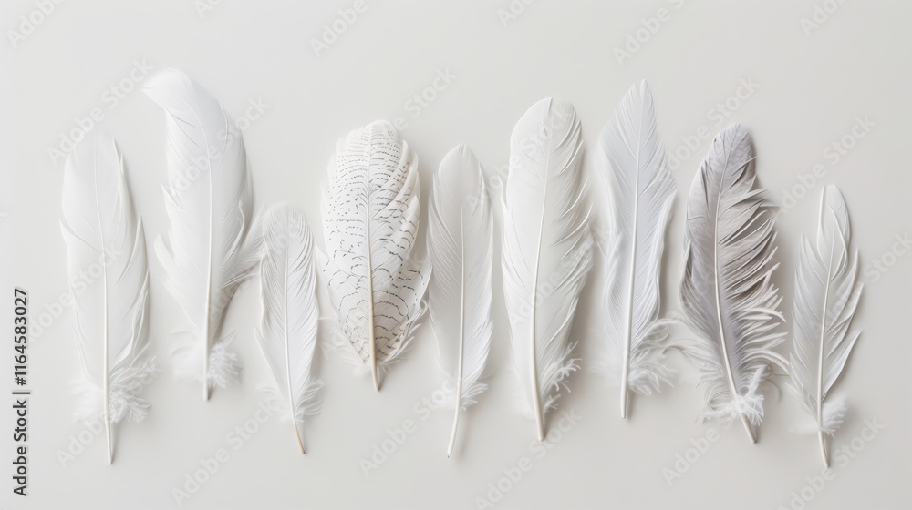 Poster a row of white feathers with black spots are lined up in a row