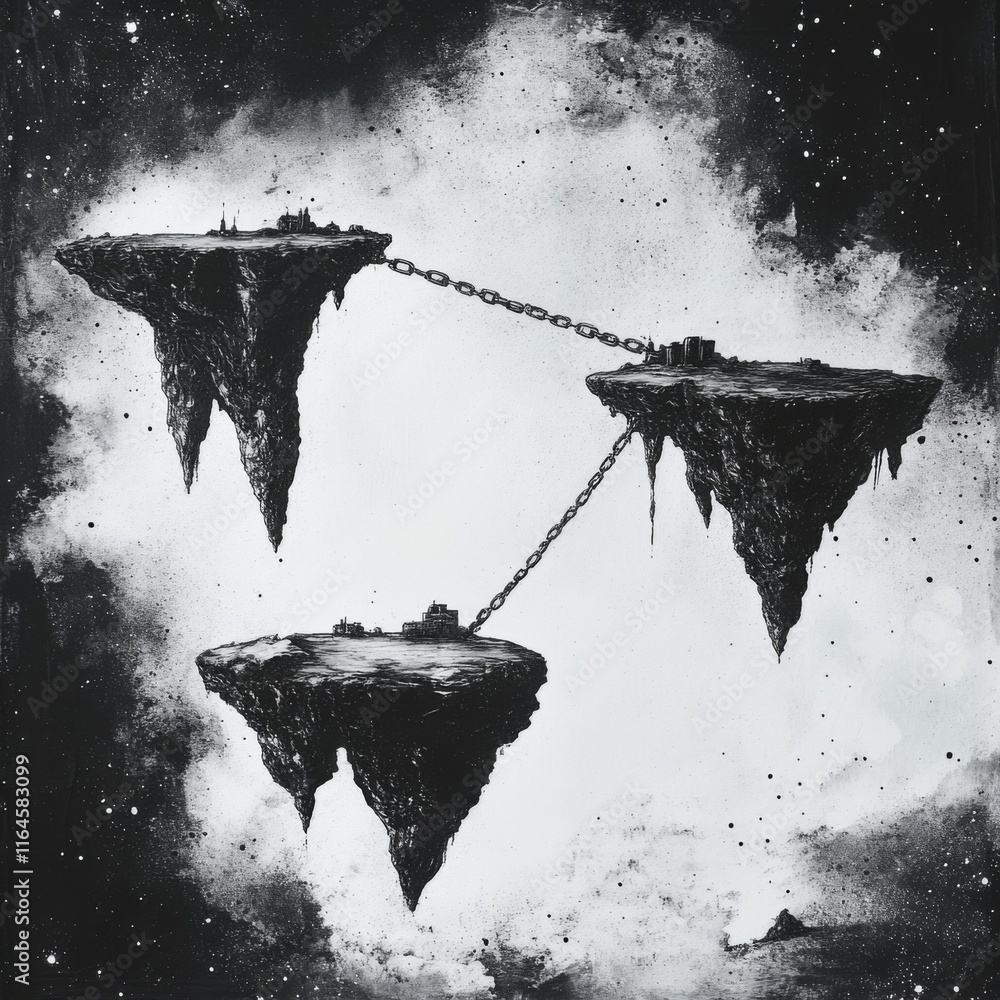 Poster three floating islands linked by a chain in space.