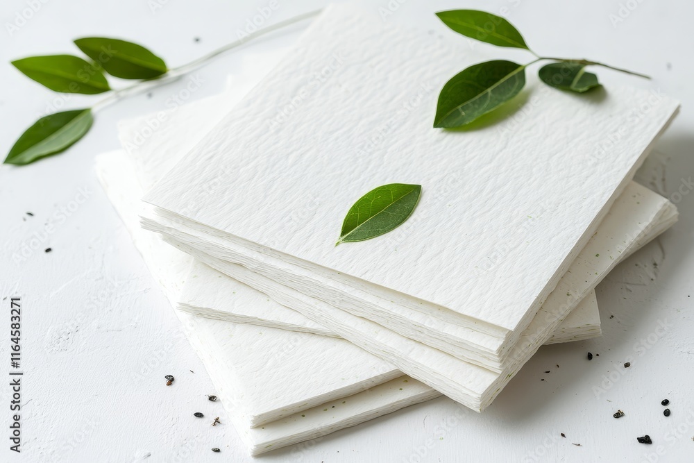 Poster a stack of white napkins with a leaf on top. they are piled on top of each other, creating a neat an