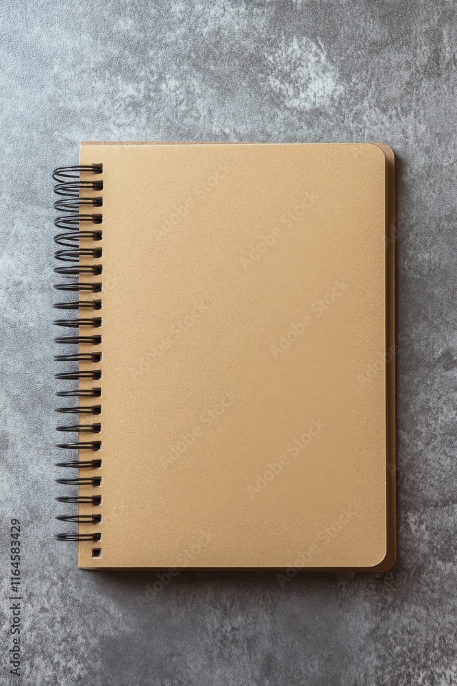 Poster a spiral bound notebook with a blank page sits on a grey surface. the notebook is brown and has a bl