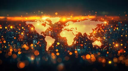Glowing world map over blurred city lights at night.