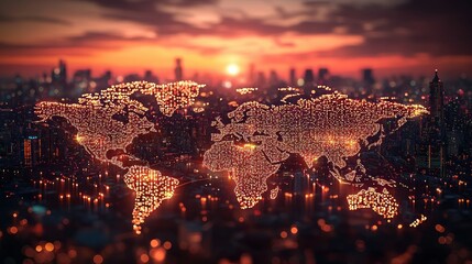 Glowing world map over city at sunset.