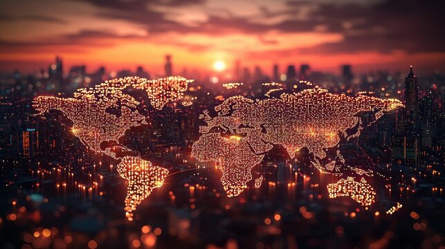 Glowing world map over city at sunset.