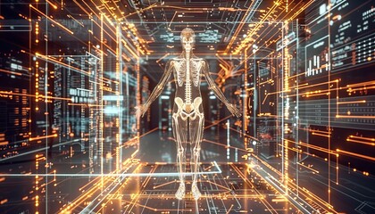 3d holographic human anatomy in a futuristic lab with glowing overlays and digital schematics