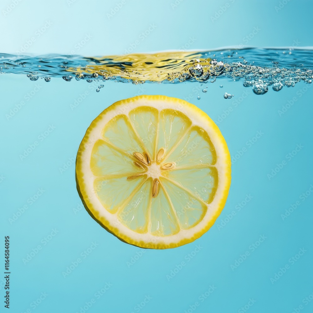 Poster a lemon slice is floating in a body of water. the water is blue in color. the lemon slice is cut in 