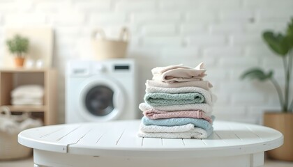 Mesa con pilas de ropa doblada y lavadora en fondo, creando un ambiente de lavandería en el hogar