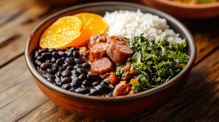 A colorful bowl features black beans, rice, greens, and citrus, showcasing a hearty meal