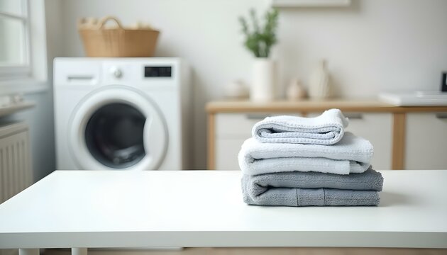 Mesa con pilas de ropa doblada y lavadora en fondo, creando un ambiente de lavander&iacute;a en el hogar