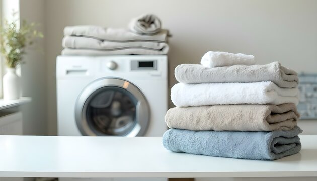 Mesa con pilas de ropa doblada y lavadora en fondo, creando un ambiente de lavander&iacute;a en el hogar