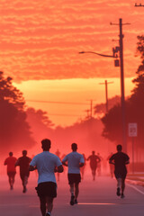 Fototapeta premium Runners train in the morning mist as the sun rises, painting the sky